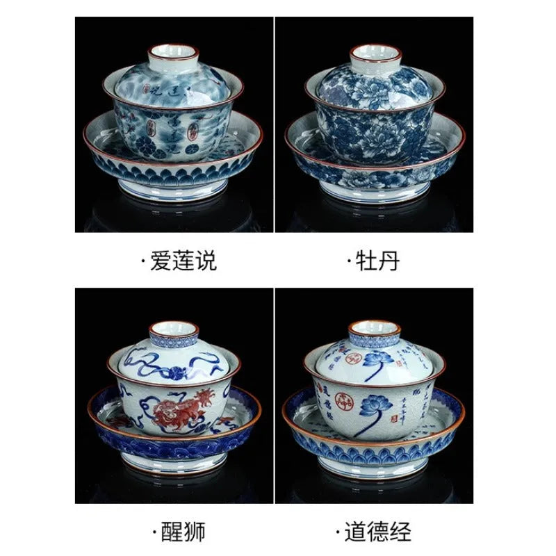 Handmade Aged Ceramic Clay [Qinghua] Sancai Gaiwan 210ml - YIQIN TEA HOUSE | yiqinteahouse.com | gaiwan, teaware