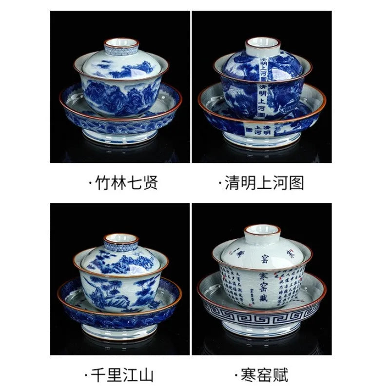 Handmade Aged Ceramic Clay [Qinghua] Sancai Gaiwan 210ml - YIQIN TEA HOUSE | yiqinteahouse.com | gaiwan, teaware