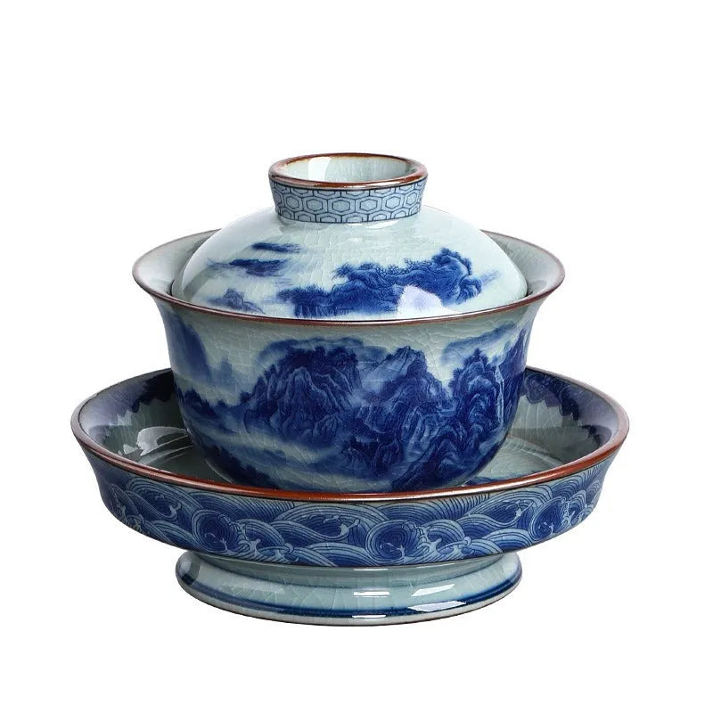 Handmade Aged Ceramic Clay [Qinghua] Sancai Gaiwan 210ml - YIQIN TEA HOUSE | yiqinteahouse.com | gaiwan, teaware