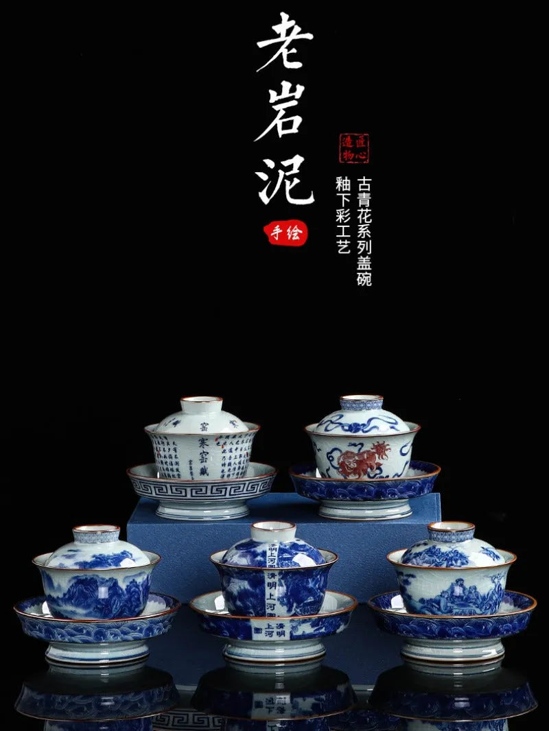 Handmade Aged Ceramic Clay [Qinghua] Sancai Gaiwan 210ml - YIQIN TEA HOUSE | yiqinteahouse.com | gaiwan, teaware