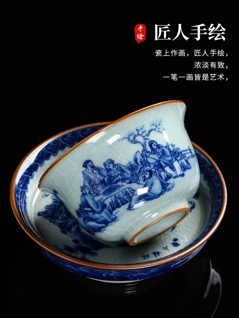 Handmade Aged Ceramic Clay [Qinghua] Sancai Gaiwan 210ml - YIQIN TEA HOUSE | yiqinteahouse.com | gaiwan, teaware