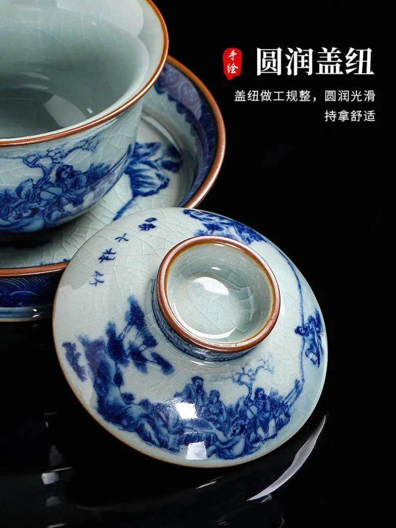 Handmade Aged Ceramic Clay [Qinghua] Sancai Gaiwan 210ml - YIQIN TEA HOUSE | yiqinteahouse.com | gaiwan, teaware