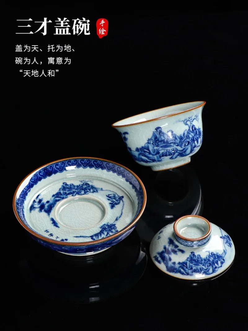 Handmade Aged Ceramic Clay [Qinghua] Sancai Gaiwan 210ml - YIQIN TEA HOUSE | yiqinteahouse.com | gaiwan, teaware