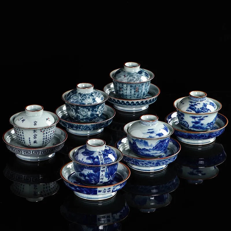 Handmade Aged Ceramic Clay [Qinghua] Sancai Gaiwan 210ml - YIQIN TEA HOUSE | yiqinteahouse.com | gaiwan, teaware