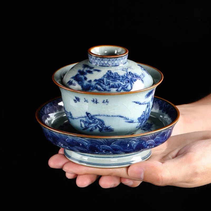 Handmade Aged Ceramic Clay [Qinghua] Sancai Gaiwan 210ml - YIQIN TEA HOUSE | yiqinteahouse.com | gaiwan, teaware