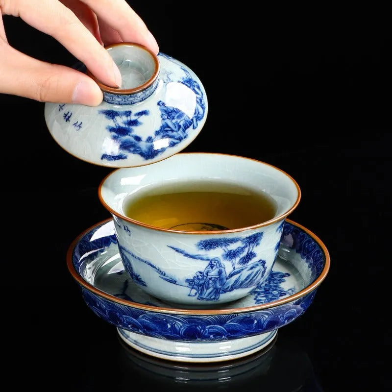 Handmade Aged Ceramic Clay [Qinghua] Sancai Gaiwan 210ml - YIQIN TEA HOUSE | yiqinteahouse.com | gaiwan, teaware