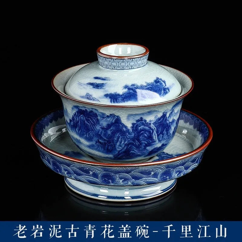 Handmade Aged Ceramic Clay [Qinghua] Sancai Gaiwan 210ml - YIQIN TEA HOUSE | yiqinteahouse.com | gaiwan, teaware