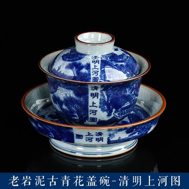 Handmade Aged Ceramic Clay [Qinghua] Sancai Gaiwan 210ml - YIQIN TEA HOUSE | yiqinteahouse.com | gaiwan, teaware