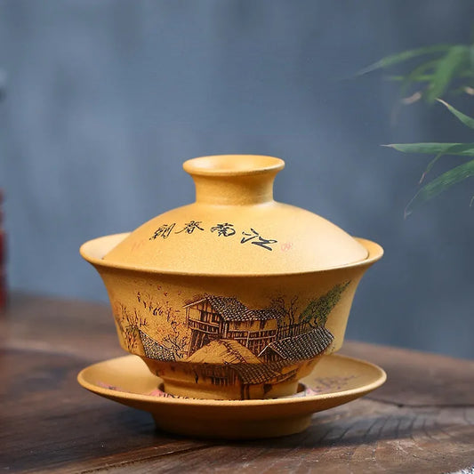 Handmade Yixing Zisha Gaiwan [Spring of Jiangnan] (Huangjin Duan Ni - 150ml) - YIQIN TEA HOUSE | yiqinteahouse.com | gaiwan, teaware