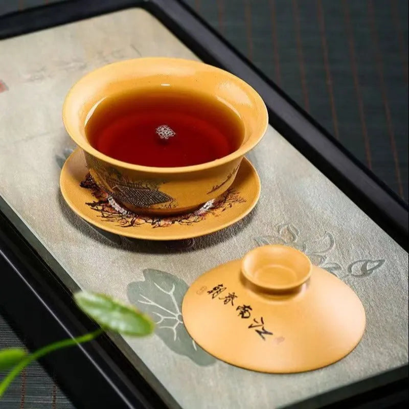 Handmade Yixing Zisha Gaiwan [Spring of Jiangnan] (Huangjin Duan Ni - 150ml) - YIQIN TEA HOUSE | yiqinteahouse.com | gaiwan, teaware