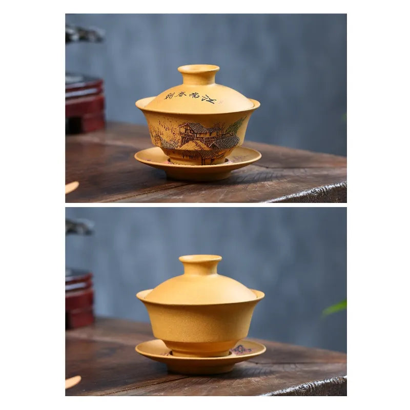 Handmade Yixing Zisha Gaiwan [Spring of Jiangnan] (Huangjin Duan Ni - 150ml) - YIQIN TEA HOUSE | yiqinteahouse.com | gaiwan, teaware