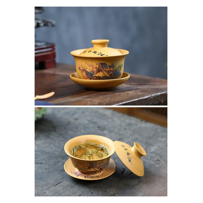 Handmade Yixing Zisha Gaiwan [Spring of Jiangnan] (Huangjin Duan Ni - 150ml) - YIQIN TEA HOUSE | yiqinteahouse.com | gaiwan, teaware