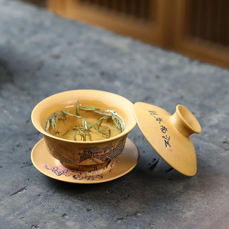 Handmade Yixing Zisha Gaiwan [Spring of Jiangnan] (Huangjin Duan Ni - 150ml) - YIQIN TEA HOUSE | yiqinteahouse.com | gaiwan, teaware