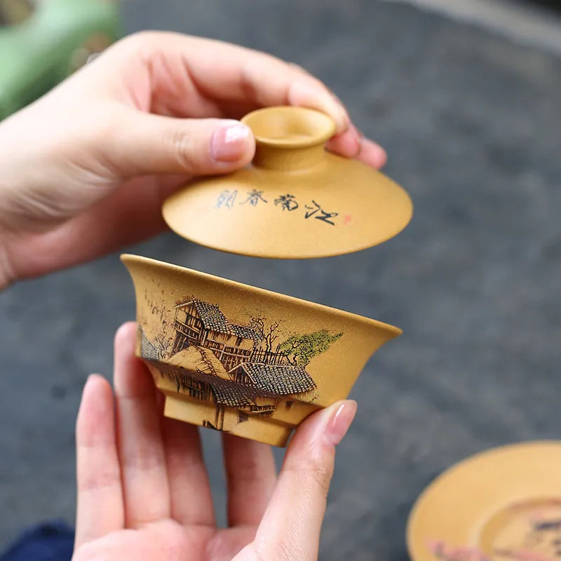 Handmade Yixing Zisha Gaiwan [Spring of Jiangnan] (Huangjin Duan Ni - 150ml) - YIQIN TEA HOUSE | yiqinteahouse.com | gaiwan, teaware