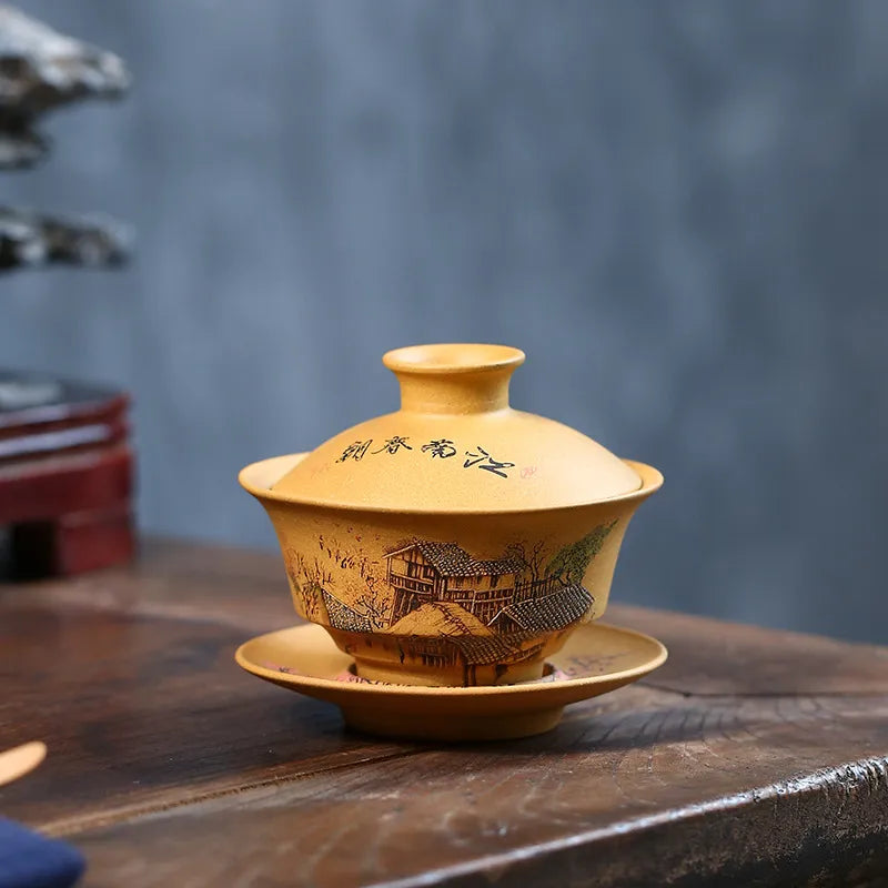 Handmade Yixing Zisha Gaiwan [Spring of Jiangnan] (Huangjin Duan Ni - 150ml) - YIQIN TEA HOUSE | yiqinteahouse.com | gaiwan, teaware