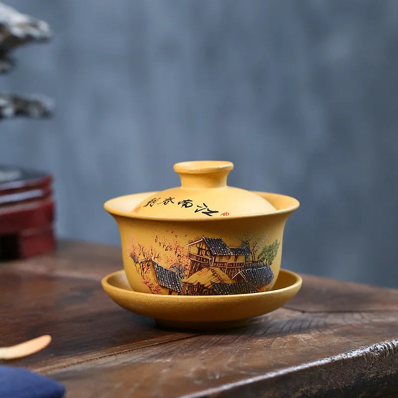 Handmade Yixing Zisha Gaiwan [Spring of Jiangnan] (Huangjin Duan Ni - 150ml) - YIQIN TEA HOUSE | yiqinteahouse.com | gaiwan, teaware