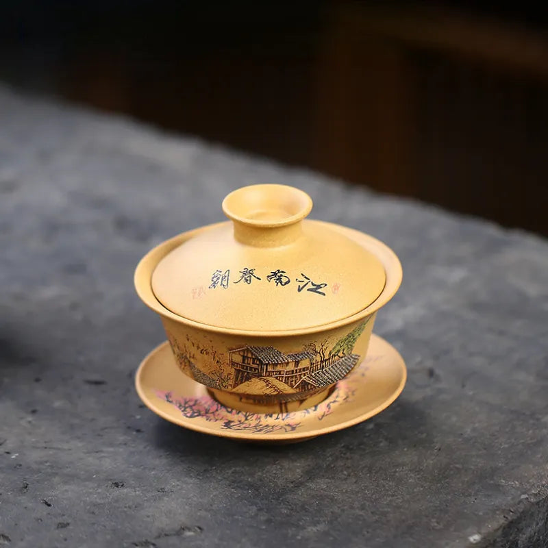 Handmade Yixing Zisha Gaiwan [Spring of Jiangnan] (Huangjin Duan Ni - 150ml) - YIQIN TEA HOUSE | yiqinteahouse.com | gaiwan, teaware