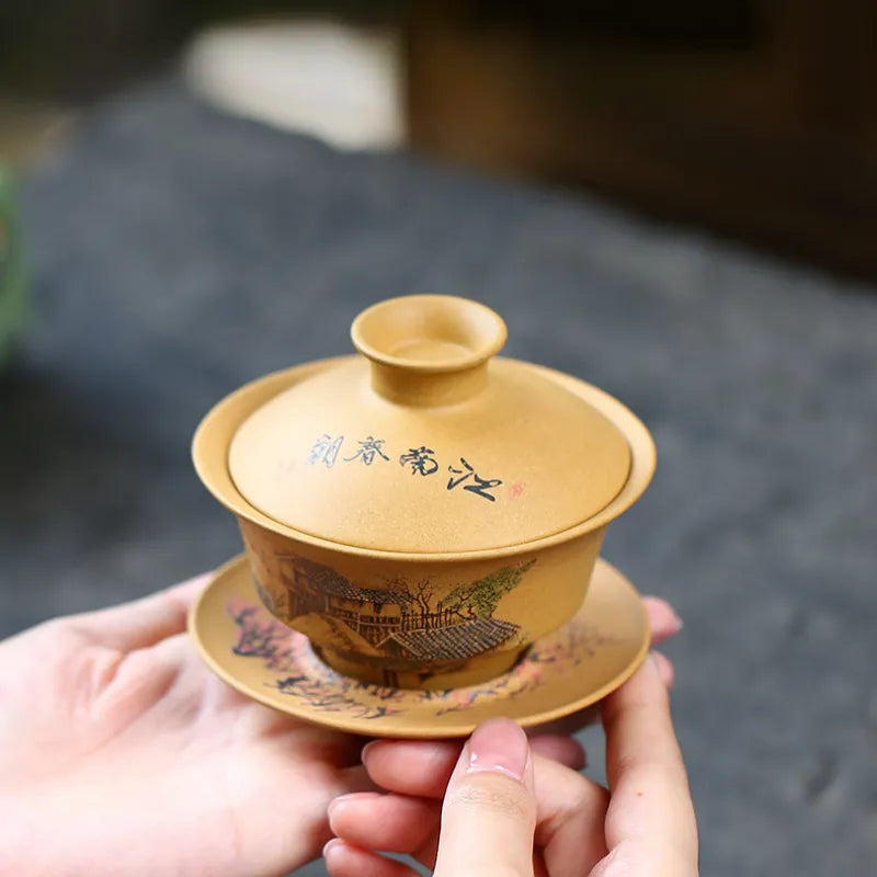 Handmade Yixing Zisha Gaiwan [Spring of Jiangnan] (Huangjin Duan Ni - 150ml) - YIQIN TEA HOUSE | yiqinteahouse.com | gaiwan, teaware