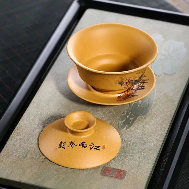 Handmade Yixing Zisha Gaiwan [Spring of Jiangnan] (Huangjin Duan Ni - 150ml) - YIQIN TEA HOUSE | yiqinteahouse.com | gaiwan, teaware