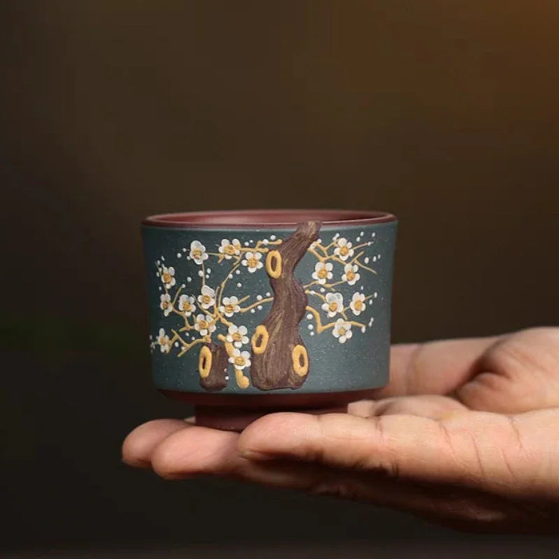 Cawan Teh Master Zisha Yixing Buatan Tangan [Bunga Plum Dua Warna] 110ml