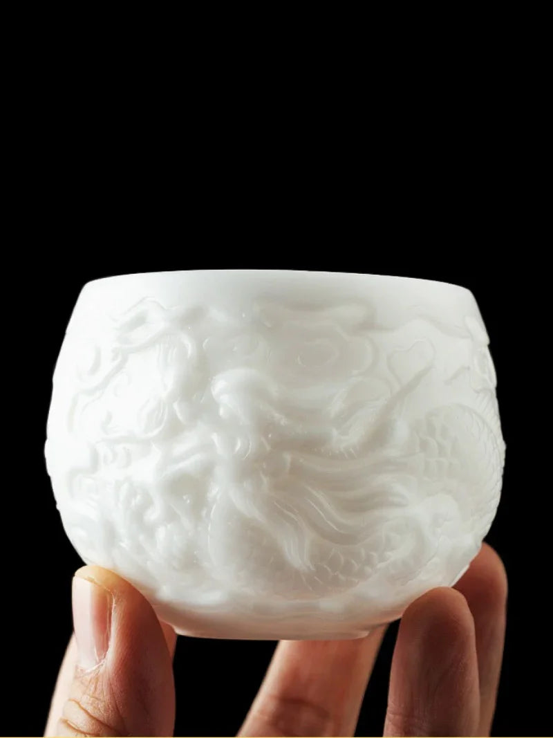 Cawan Teh Porselin Putih Jade Ais [Relief Dragon] 120ml