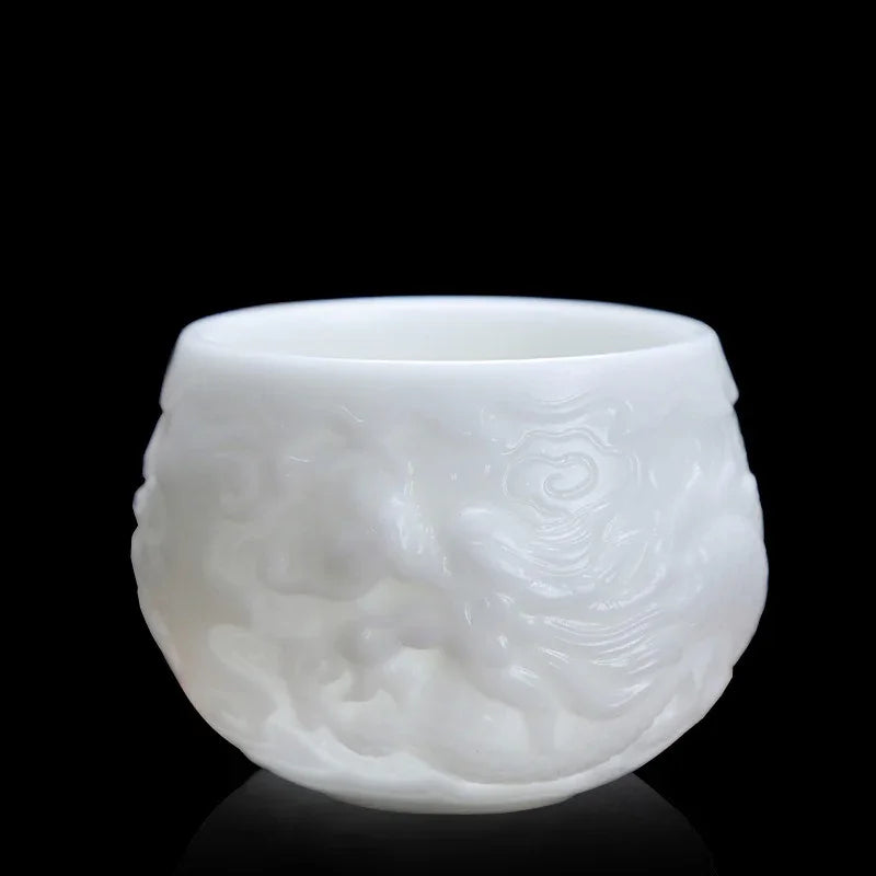 Cawan Teh Porselin Putih Jade Ais [Relief Dragon] 120ml