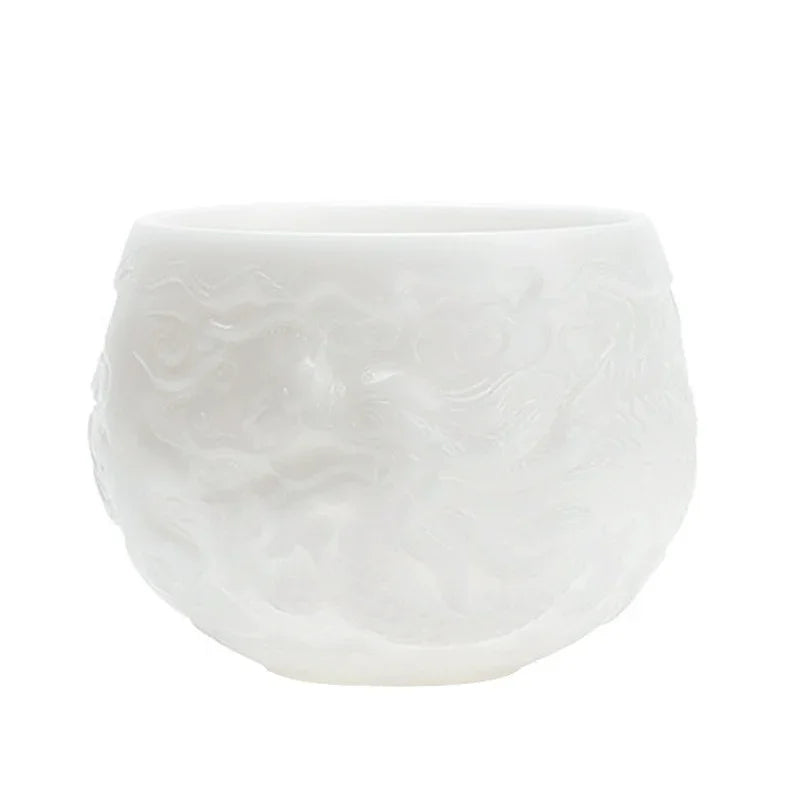Cawan Teh Porselin Putih Jade Ais [Relief Dragon] 120ml