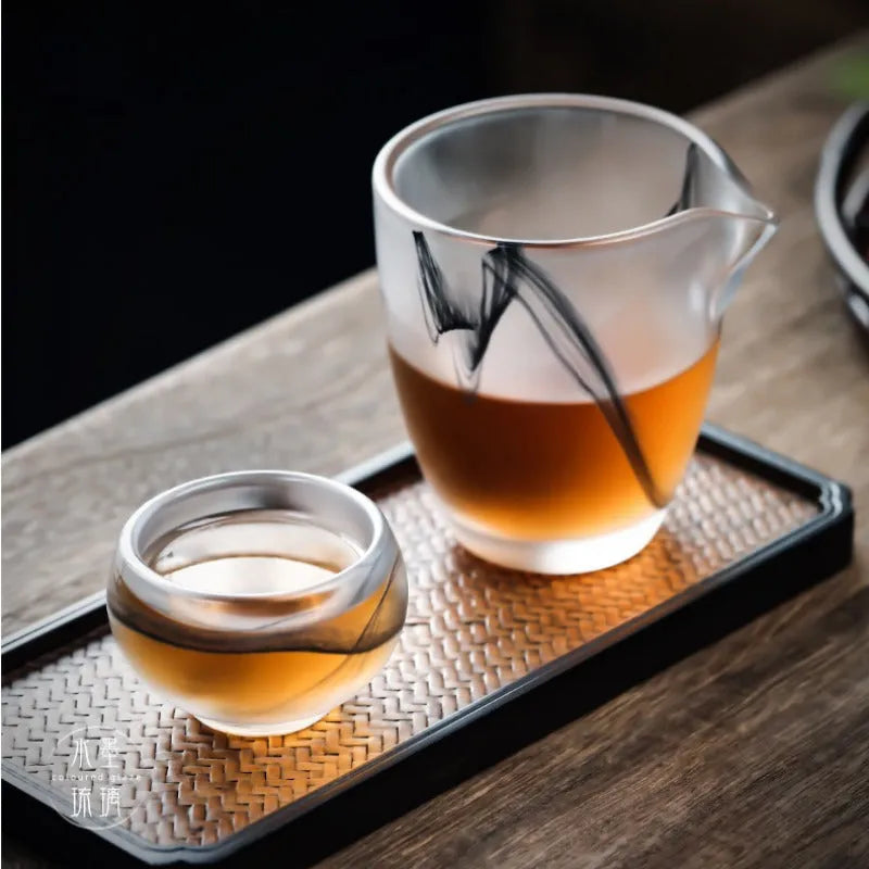 Ink Paint Glass Zen Tea Cup/Fair Cup/Gaiwan/Tea Strainer/Full Set - YIQIN TEA HOUSE | yiqinteahouse.com | fair cup, gaiwan, tea cup, teaware, teaware set