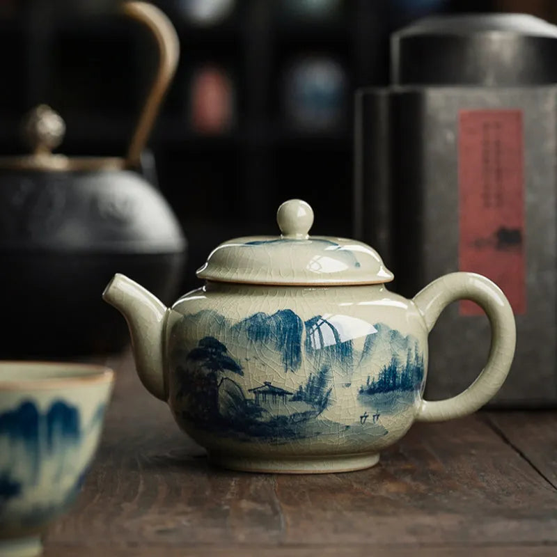 Jindezhen Gu Ru Ice Crackle Ceramic Hand-painted [Dezhong] Teapot 250ml - YIQIN TEA HOUSE | yiqinteahouse.com | ceramic teapot, jiangshan keran, teapot, teaware