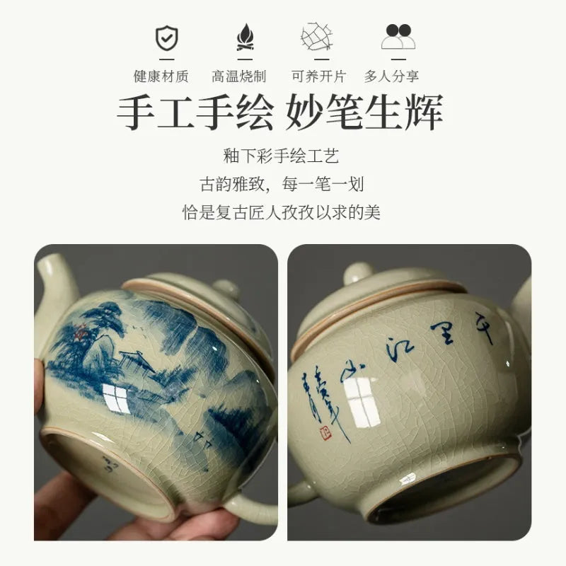 Jindezhen Gu Ru Ice Crackle Ceramic Hand-painted [Dezhong] Teapot 250ml - YIQIN TEA HOUSE | yiqinteahouse.com | ceramic teapot, jiangshan keran, teapot, teaware