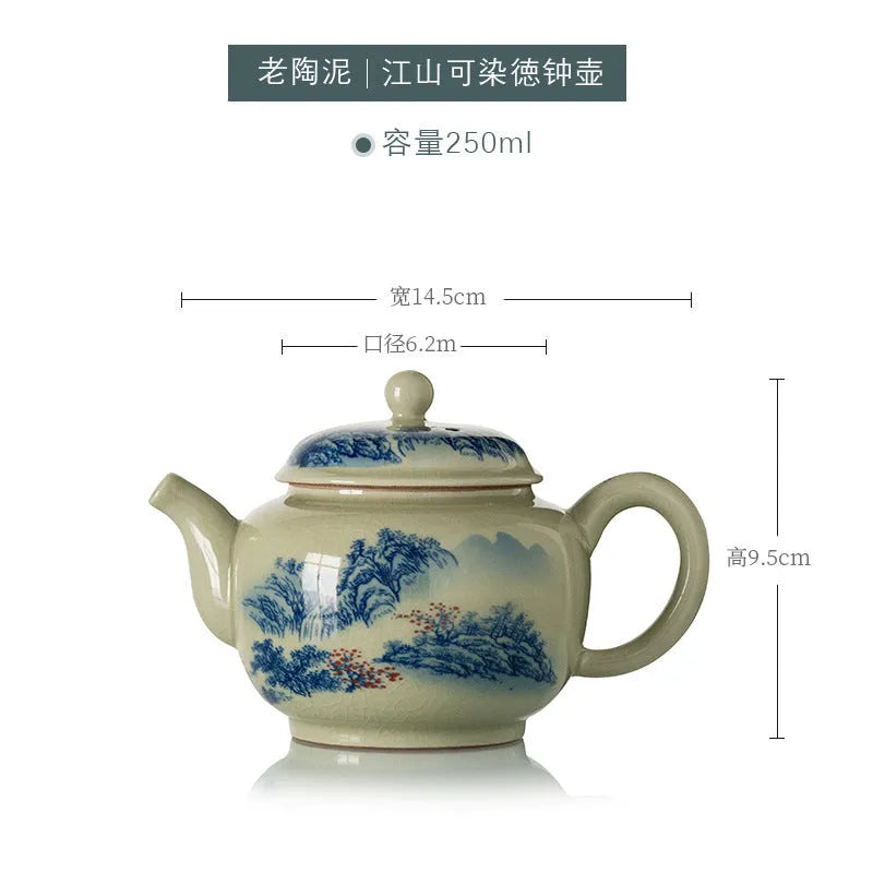 Jindezhen Gu Ru Ice Crackle Ceramic Hand-painted [Dezhong] Teapot 250ml - YIQIN TEA HOUSE | yiqinteahouse.com | ceramic teapot, jiangshan keran, teapot, teaware