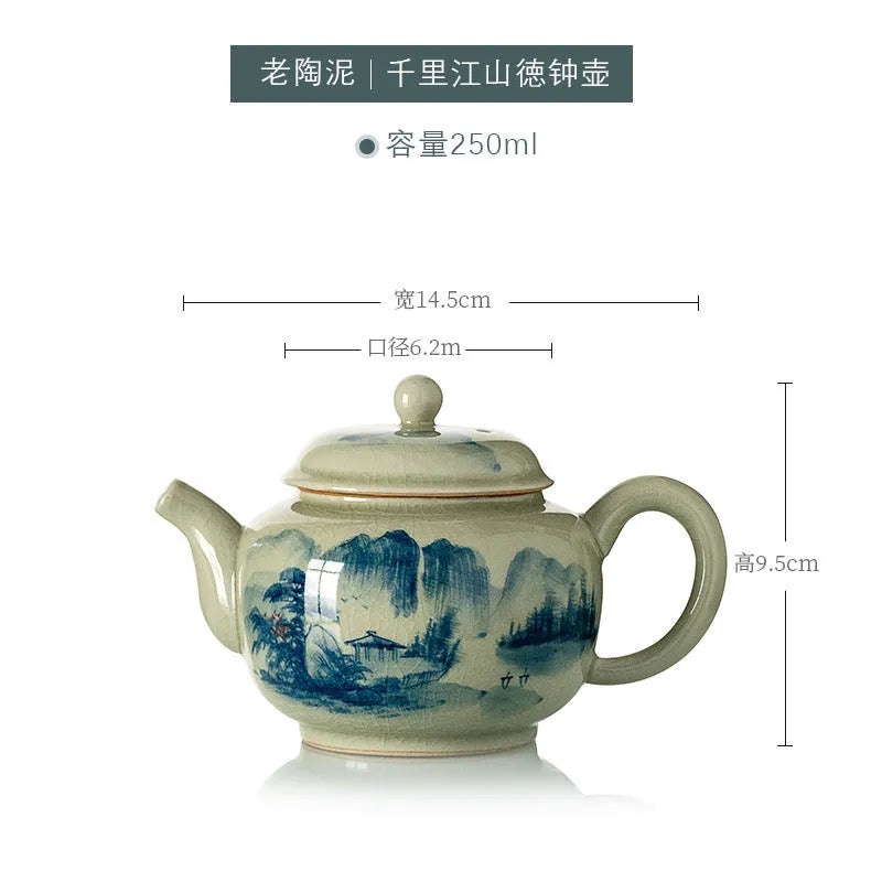 Jindezhen Gu Ru Ice Crackle Ceramic Hand-painted [Dezhong] Teapot 250ml - YIQIN TEA HOUSE | yiqinteahouse.com | ceramic teapot, jiangshan keran, teapot, teaware