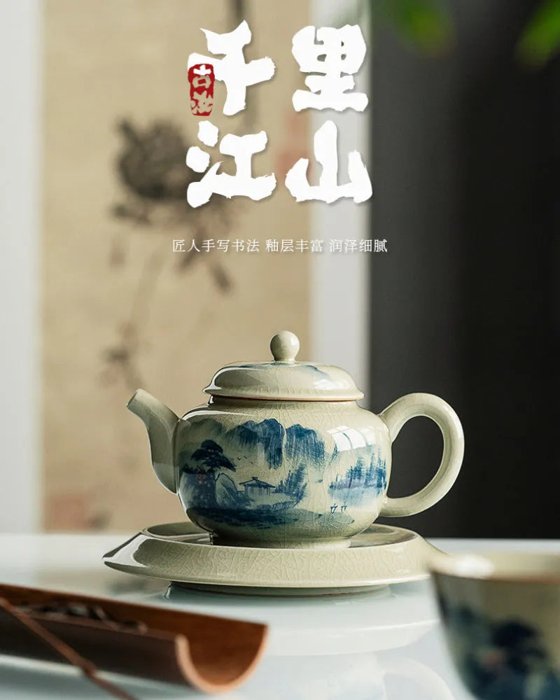 Jindezhen Gu Ru Ice Crackle Ceramic Hand-painted [Dezhong] Teapot 250ml - YIQIN TEA HOUSE | yiqinteahouse.com | ceramic teapot, jiangshan keran, teapot, teaware