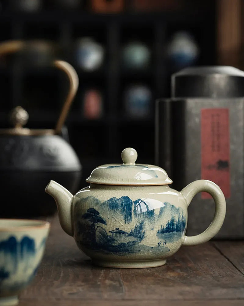 Jindezhen Gu Ru Ice Crackle Ceramic Hand-painted [Dezhong] Teapot 250ml - YIQIN TEA HOUSE | yiqinteahouse.com | ceramic teapot, jiangshan keran, teapot, teaware