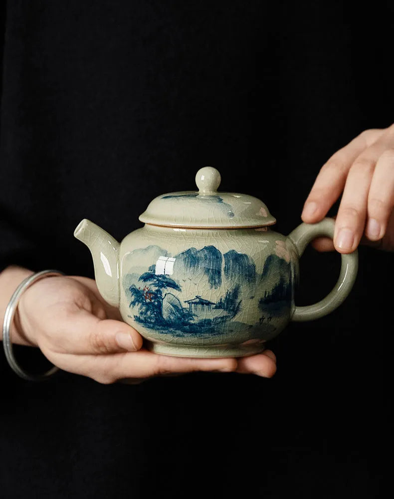 Jindezhen Gu Ru Ice Crackle Ceramic Hand-painted [Dezhong] Teapot 250ml - YIQIN TEA HOUSE | yiqinteahouse.com | ceramic teapot, jiangshan keran, teapot, teaware