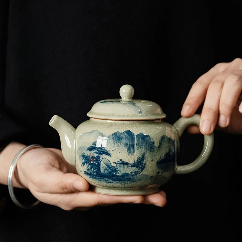 Jindezhen Gu Ru Ice Crackle Ceramic Hand-painted [Dezhong] Teapot 250ml - YIQIN TEA HOUSE | yiqinteahouse.com | ceramic teapot, jiangshan keran, teapot, teaware