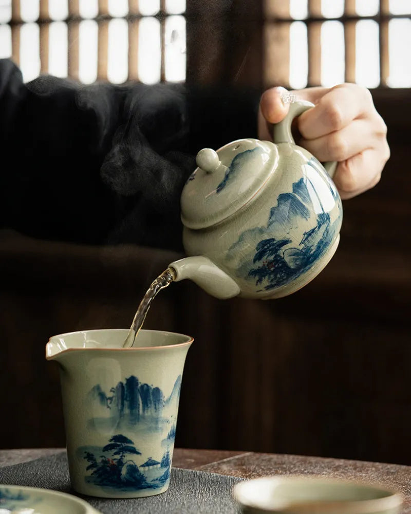 Jindezhen Gu Ru Ice Crackle Ceramic Hand-painted [Dezhong] Teapot 250ml - YIQIN TEA HOUSE | yiqinteahouse.com | ceramic teapot, jiangshan keran, teapot, teaware