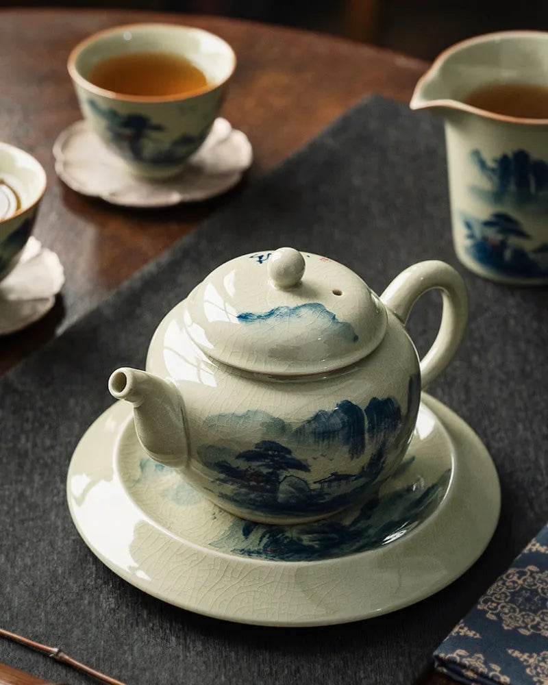 Jindezhen Gu Ru Ice Crackle Ceramic Hand-painted [Dezhong] Teapot 250ml - YIQIN TEA HOUSE | yiqinteahouse.com | ceramic teapot, jiangshan keran, teapot, teaware