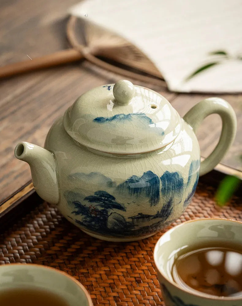 Jindezhen Gu Ru Ice Crackle Ceramic Hand-painted [Dezhong] Teapot 250ml - YIQIN TEA HOUSE | yiqinteahouse.com | ceramic teapot, jiangshan keran, teapot, teaware