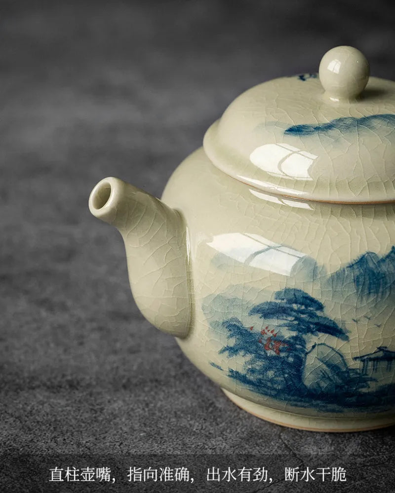 Jindezhen Gu Ru Ice Crackle Ceramic Hand-painted [Dezhong] Teapot 250ml - YIQIN TEA HOUSE | yiqinteahouse.com | ceramic teapot, jiangshan keran, teapot, teaware