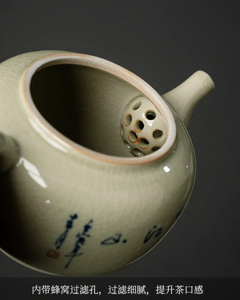 Jindezhen Gu Ru Ice Crackle Ceramic Hand-painted [Dezhong] Teapot 250ml - YIQIN TEA HOUSE | yiqinteahouse.com | ceramic teapot, jiangshan keran, teapot, teaware