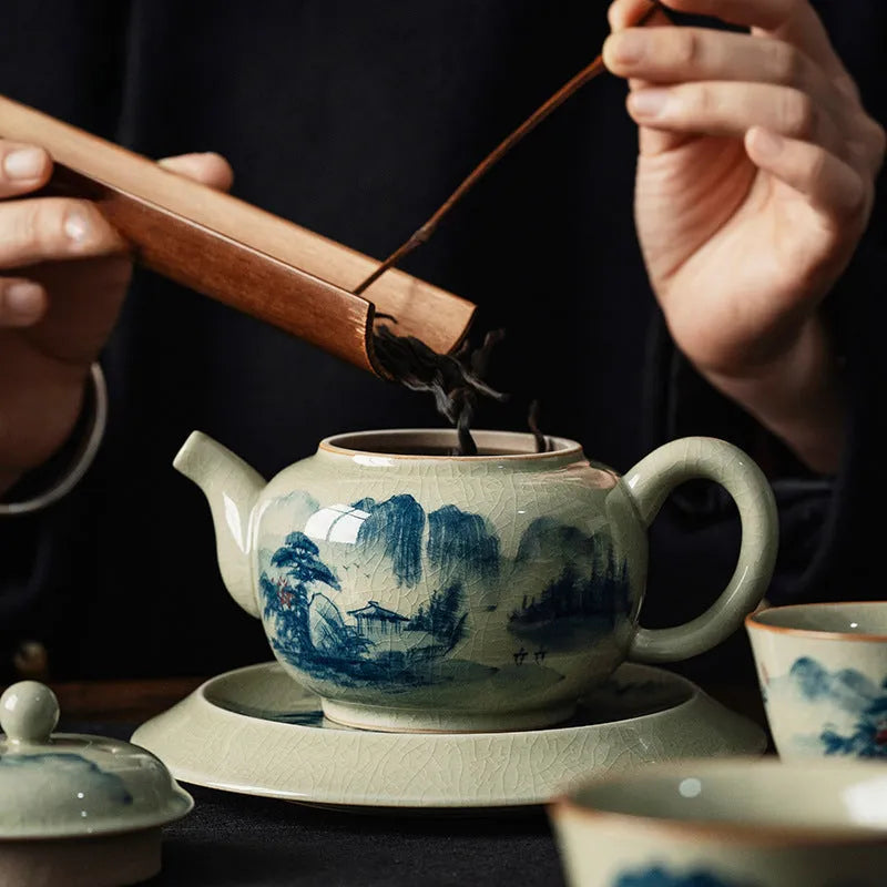 Jindezhen Gu Ru Ice Crackle Ceramic Hand-painted [Dezhong] Teapot 250ml - YIQIN TEA HOUSE | yiqinteahouse.com | ceramic teapot, jiangshan keran, teapot, teaware