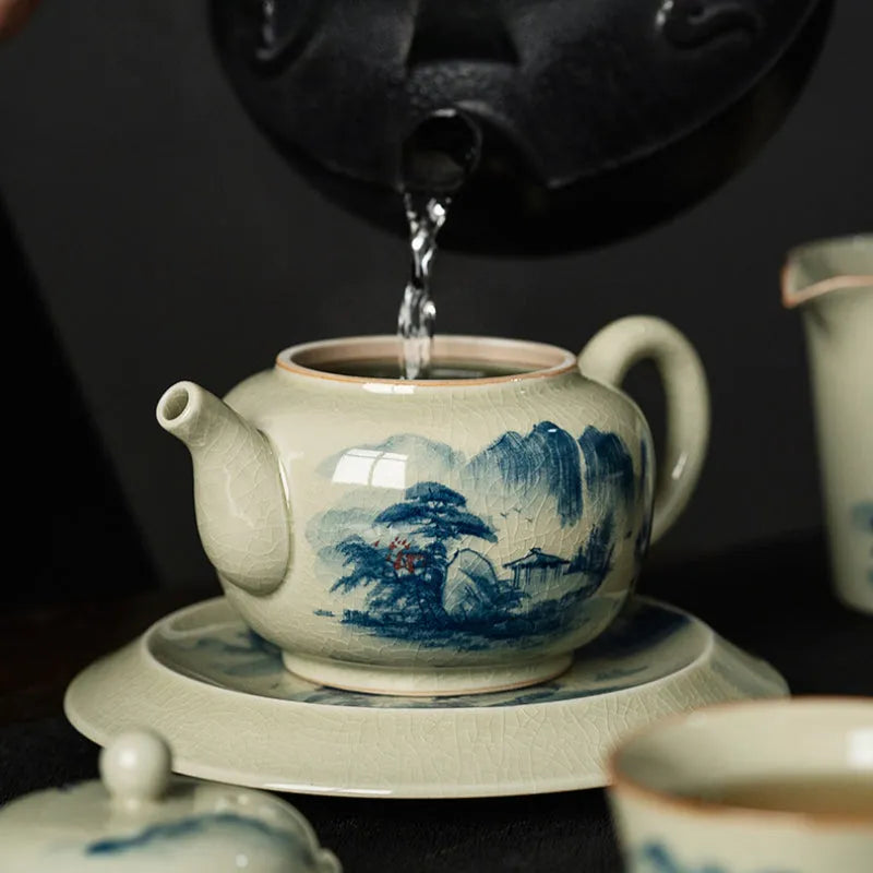 Jindezhen Gu Ru Ice Crackle Ceramic Hand-painted [Dezhong] Teapot 250ml - YIQIN TEA HOUSE | yiqinteahouse.com | ceramic teapot, jiangshan keran, teapot, teaware