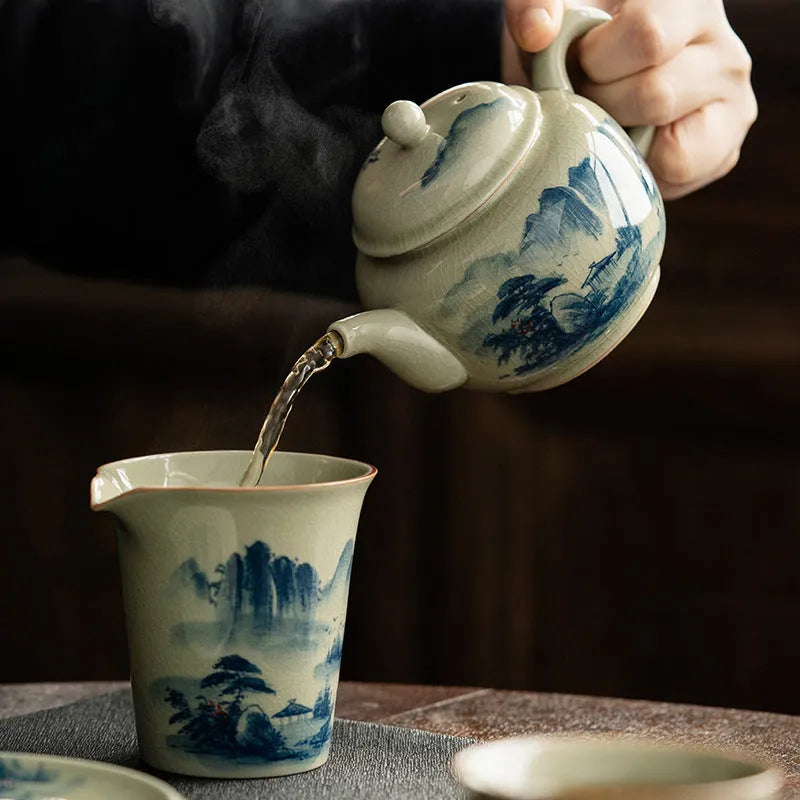 Jindezhen Gu Ru Ice Crackle Ceramic Hand-painted [Dezhong] Teapot 250ml - YIQIN TEA HOUSE | yiqinteahouse.com | ceramic teapot, jiangshan keran, teapot, teaware