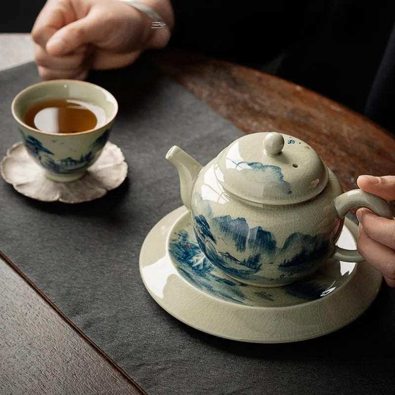 Jindezhen Gu Ru Ice Crackle Ceramic Hand-painted [Dezhong] Teapot 250ml - YIQIN TEA HOUSE | yiqinteahouse.com | ceramic teapot, jiangshan keran, teapot, teaware