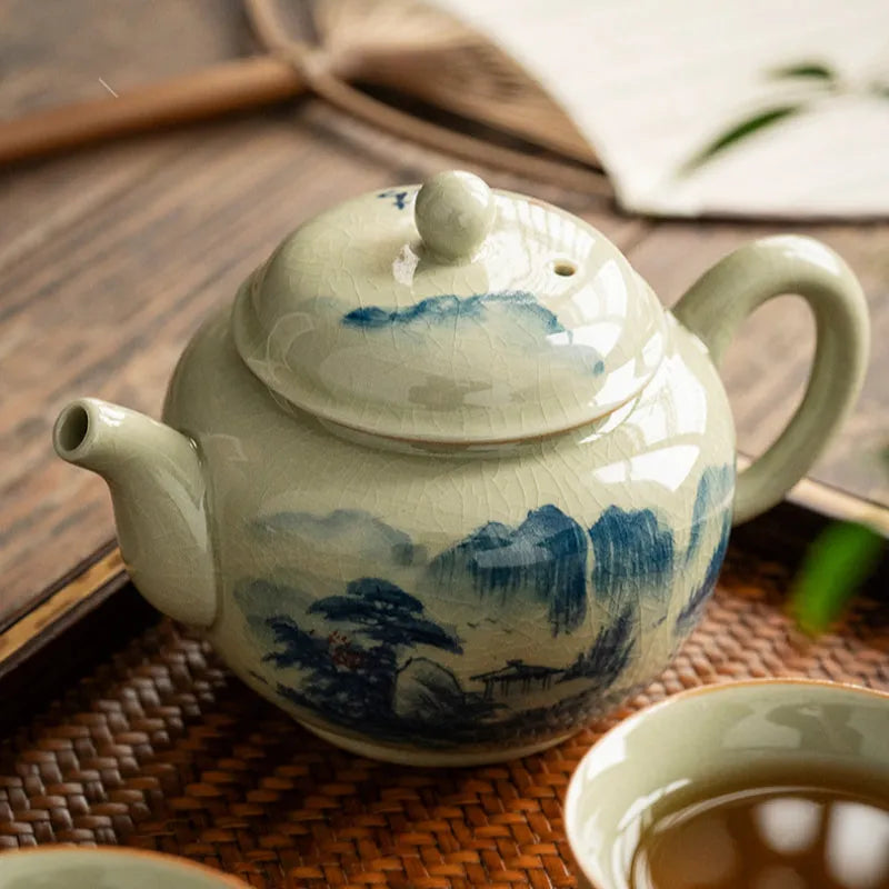 Jindezhen Gu Ru Ice Crackle Ceramic Hand-painted [Dezhong] Teapot 250ml - YIQIN TEA HOUSE | yiqinteahouse.com | ceramic teapot, jiangshan keran, teapot, teaware