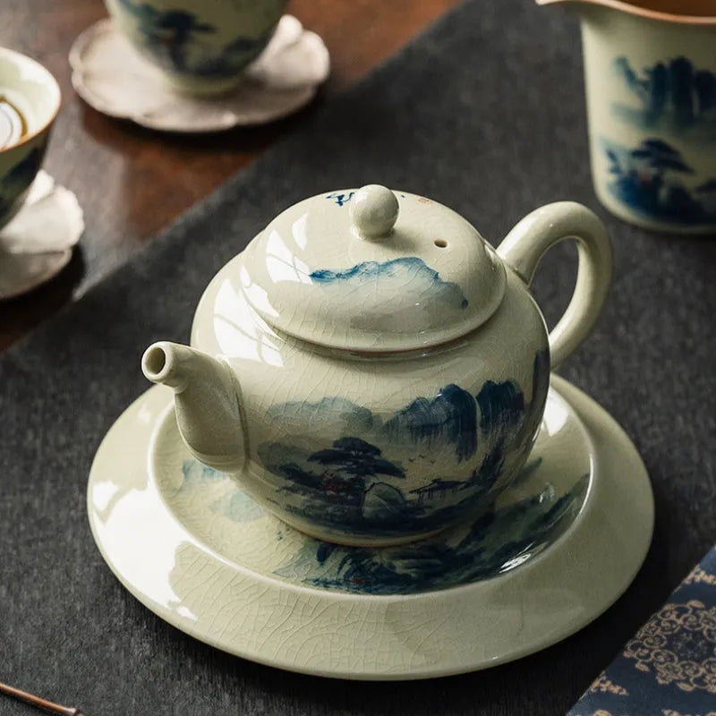 Jindezhen Gu Ru Ice Crackle Ceramic Hand-painted [Dezhong] Teapot 250ml - YIQIN TEA HOUSE | yiqinteahouse.com | ceramic teapot, jiangshan keran, teapot, teaware