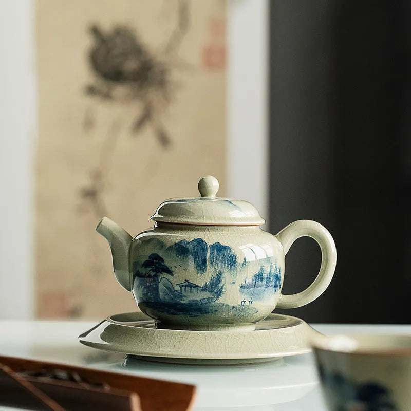 Jindezhen Gu Ru Ice Crackle Ceramic Hand-painted [Dezhong] Teapot 250ml - YIQIN TEA HOUSE | yiqinteahouse.com | ceramic teapot, jiangshan keran, teapot, teaware