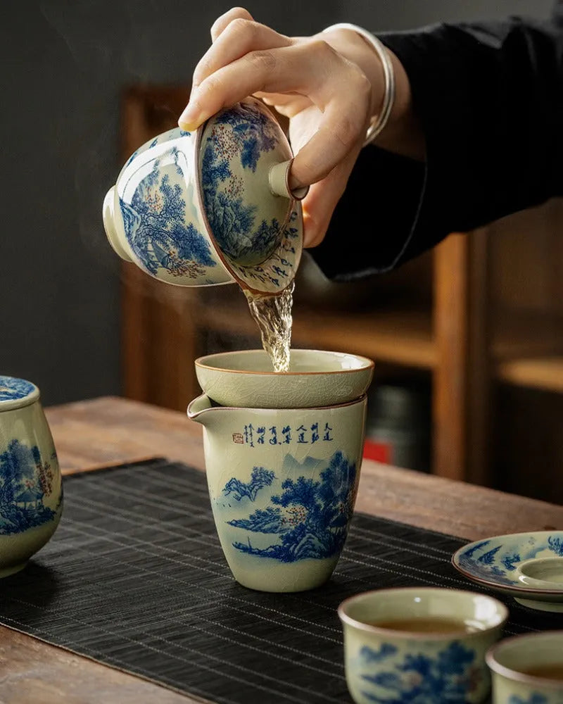 Jindezhen Gu Ru Ice Crackle Ceramic Tea Set [Jiangshan Keran] - YIQIN TEA HOUSE | yiqinteahouse.com | ceramic teapot, fair cup, gaiwan, jiangshan keran, strainer, tea cup, teaware, teaware set