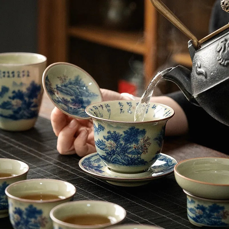 Jindezhen Gu Ru Ice Crackle Ceramic Tea Set [Jiangshan Keran] - YIQIN TEA HOUSE | yiqinteahouse.com | ceramic teapot, fair cup, gaiwan, jiangshan keran, strainer, tea cup, teaware, teaware set